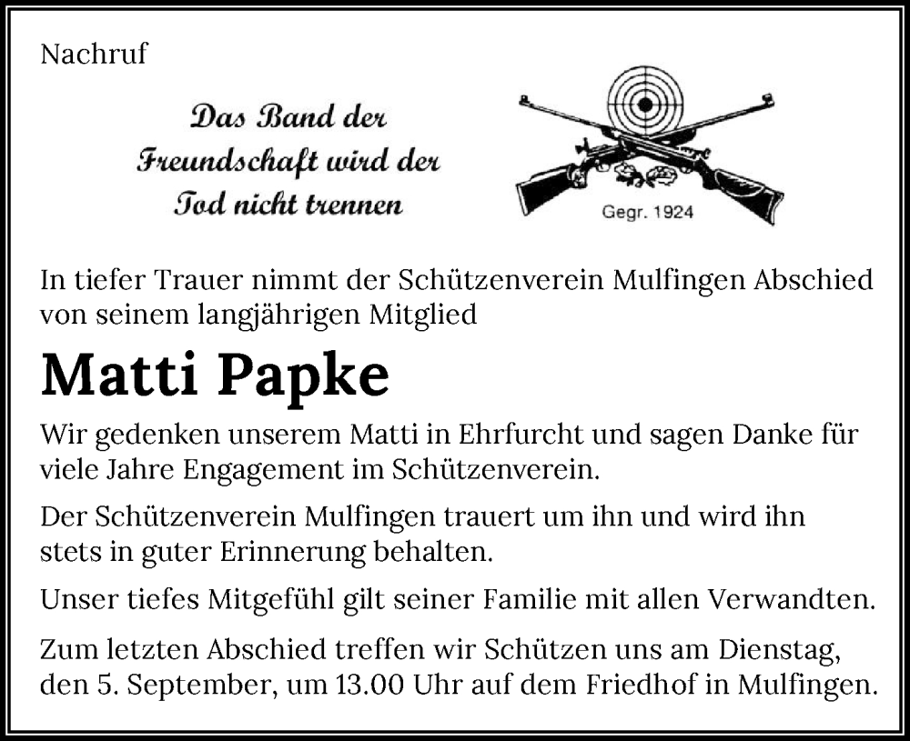  Traueranzeige für Matti Papke vom 02.09.2023 aus GESAMT