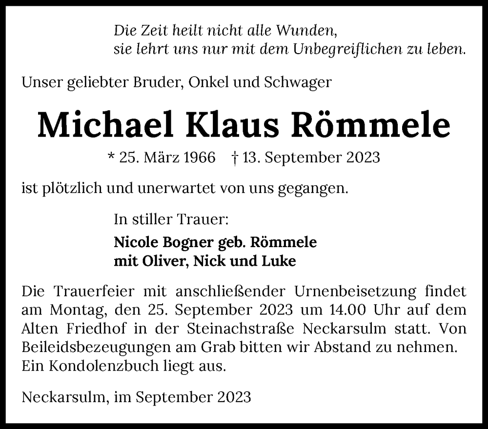  Traueranzeige für Michael Klaus Römmele vom 23.09.2023 aus GESAMT