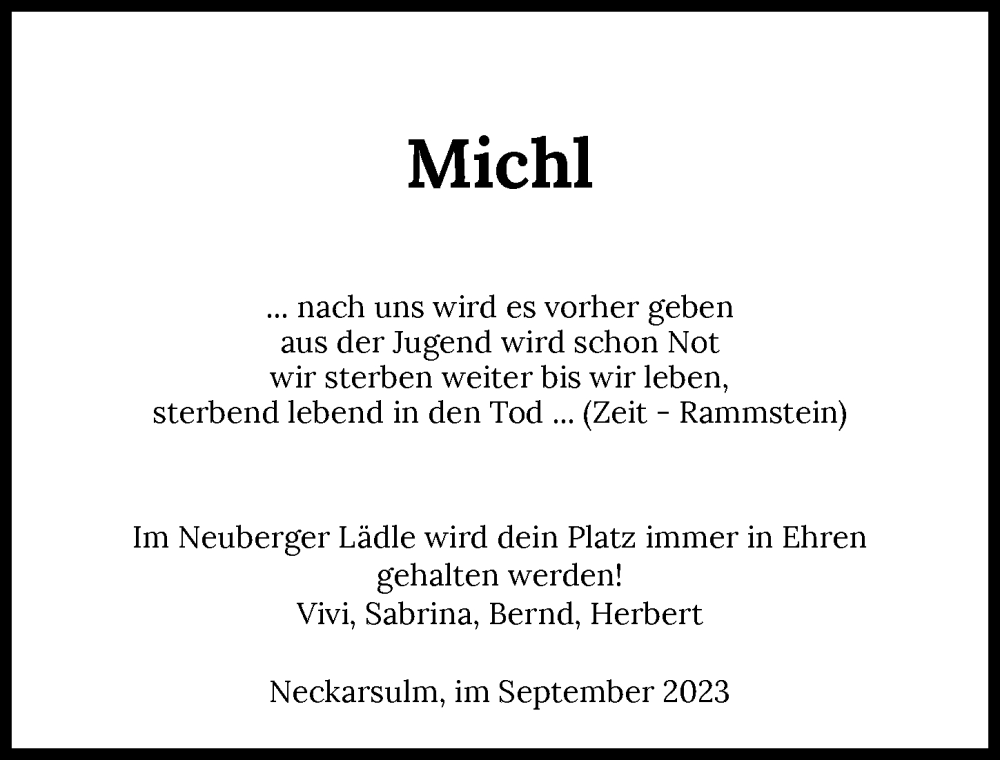  Traueranzeige für Michl  vom 19.09.2023 aus GESAMT