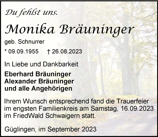 Traueranzeige von Monika Bräuninger von GESAMT