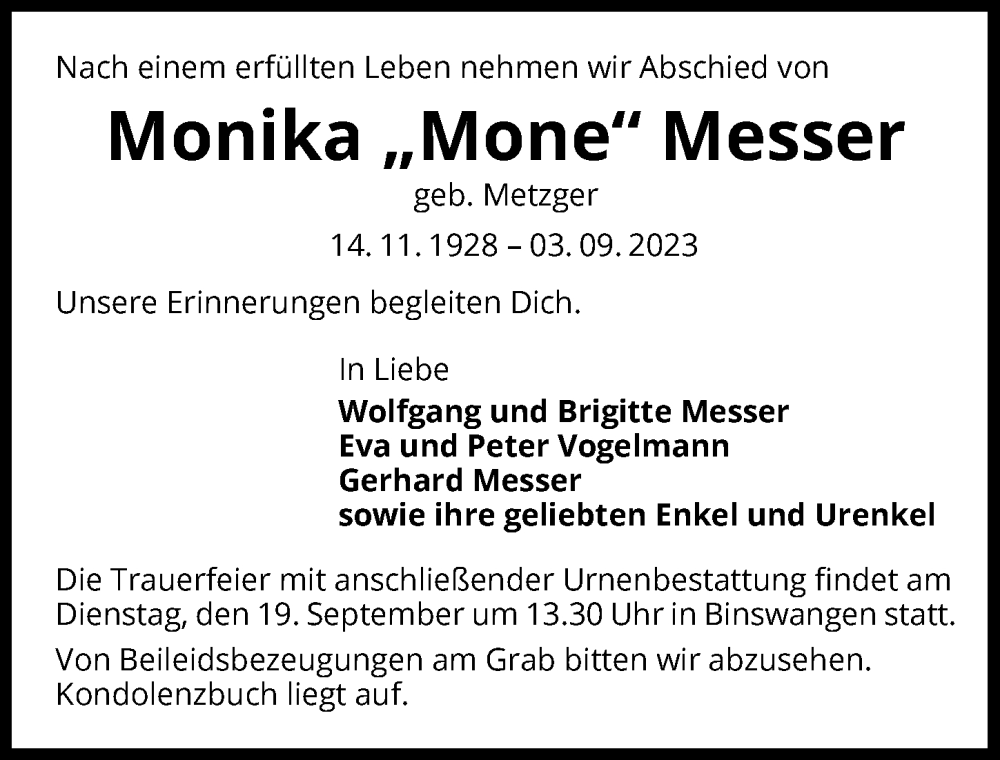  Traueranzeige für Monika Messer vom 16.09.2023 aus GESAMT
