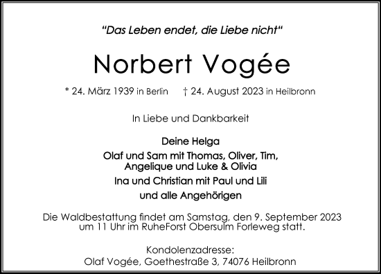 Traueranzeige von Norbert Vogée von GESAMT