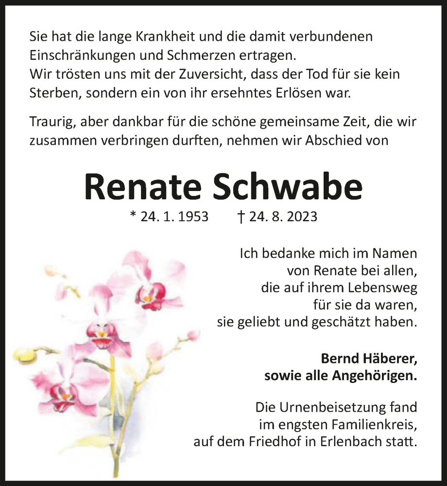  Traueranzeige für Renate Schwabe vom 16.09.2023 aus GESAMT