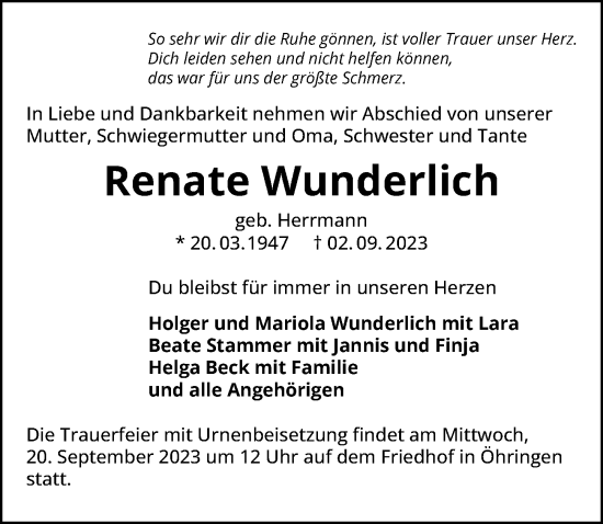 Traueranzeige von Renate Wunderlich von GESAMT