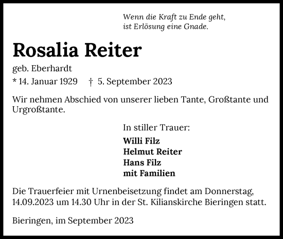 Traueranzeige von Rosalia Reiter von GESAMT