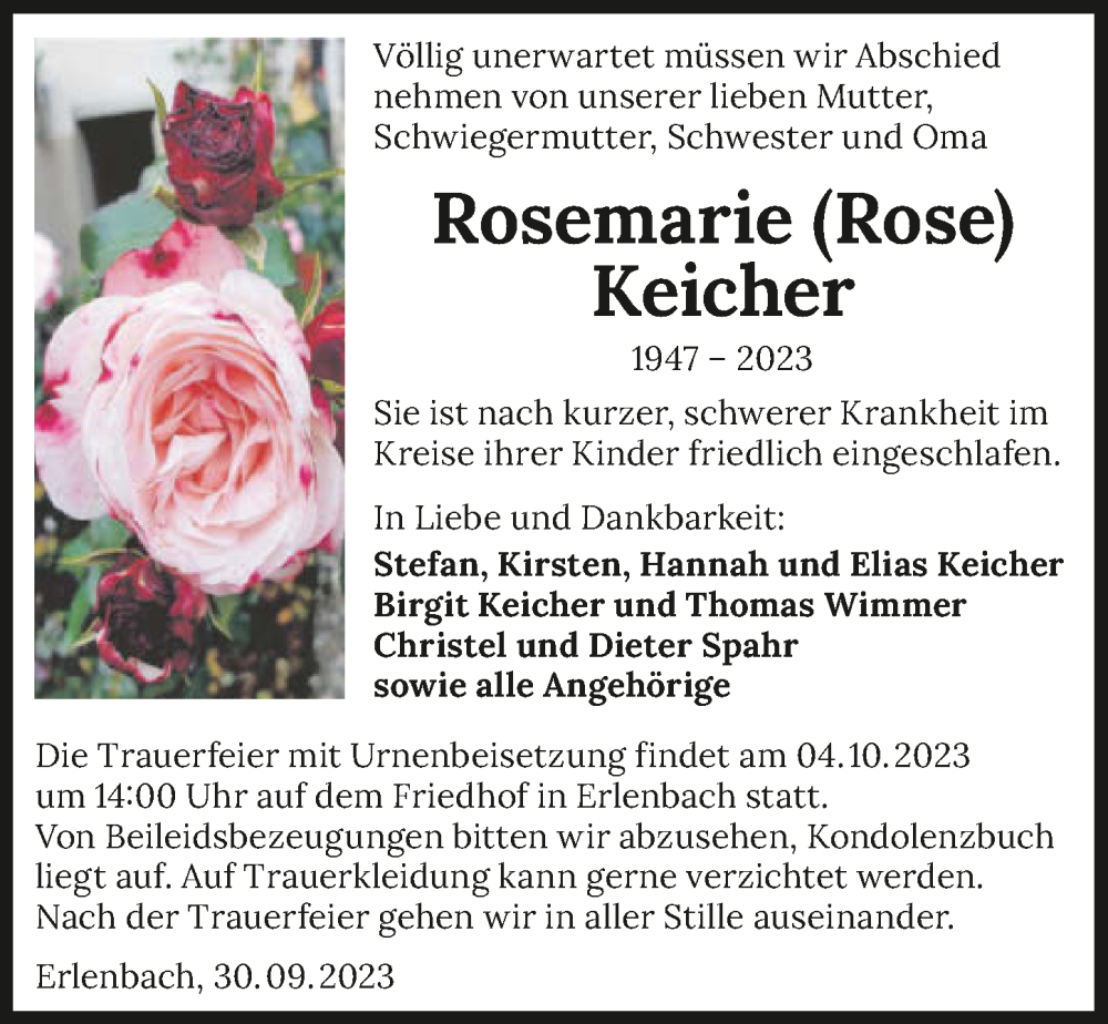  Traueranzeige für Rosemarie Keicher vom 30.09.2023 aus GESAMT