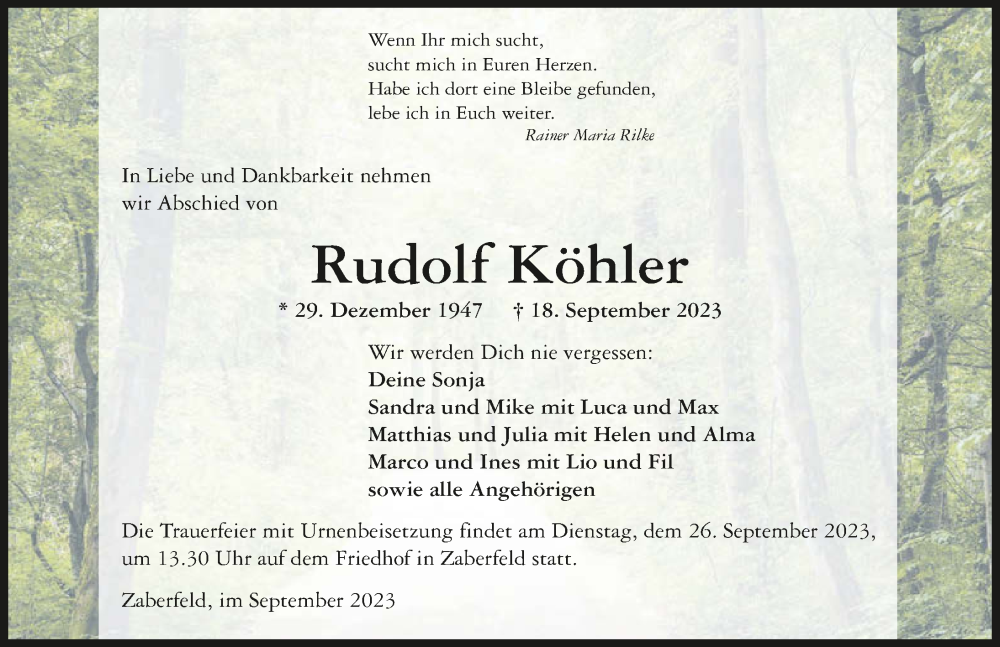  Traueranzeige für Rudolf Köhler vom 23.09.2023 aus GESAMT