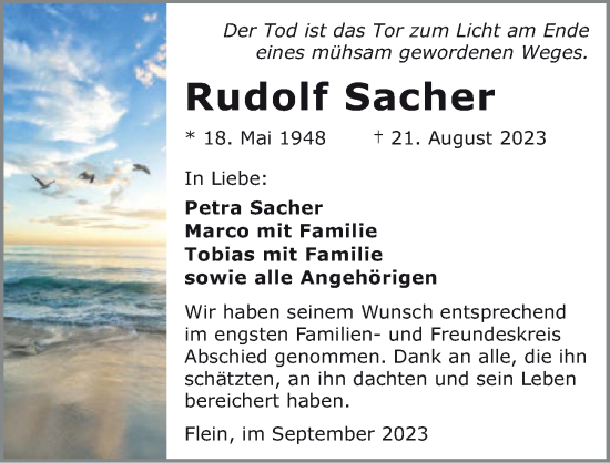 Traueranzeige von Rudolf Sacher von GESAMT