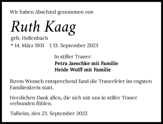 Traueranzeige von Ruth Kaag von GESAMT