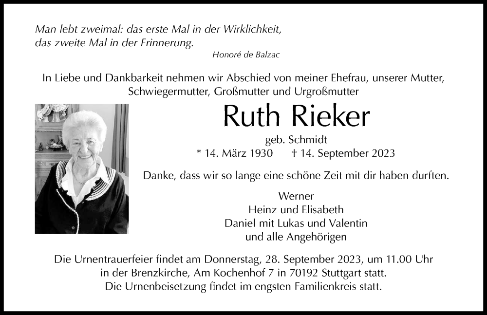  Traueranzeige für Ruth Rieker vom 19.09.2023 aus GESAMT