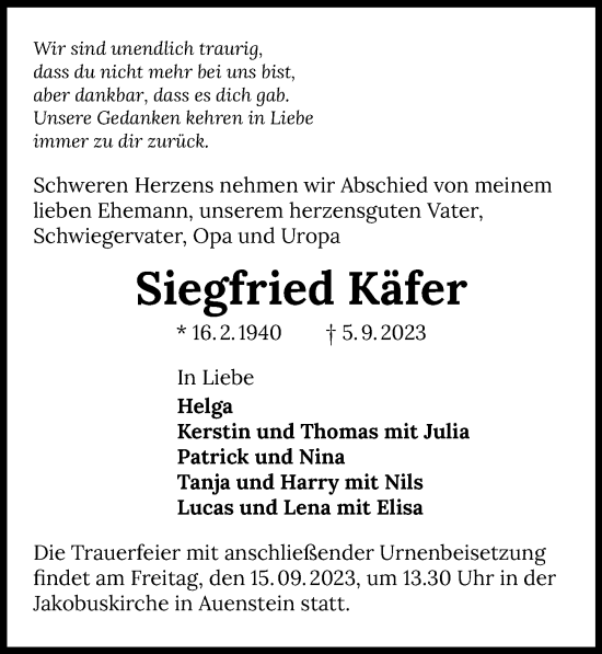 Traueranzeige von Siegfried Käfer von GESAMT