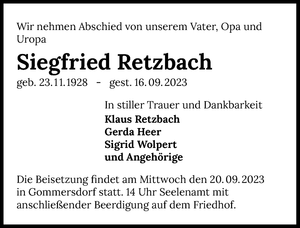  Traueranzeige für Siegfried Retzbach vom 19.09.2023 aus GESAMT