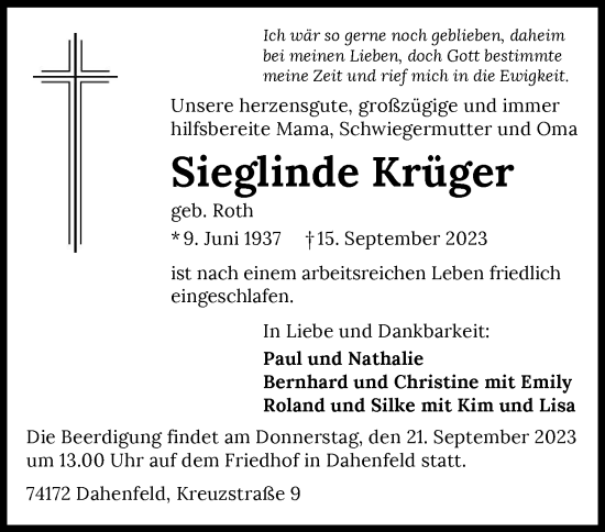 Traueranzeige von Sieglinde Krüger von GESAMT