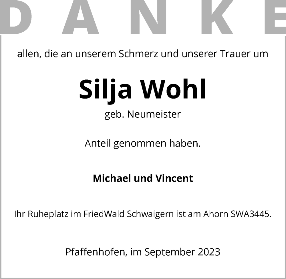  Traueranzeige für Silja Wohl vom 02.09.2023 aus GESAMT