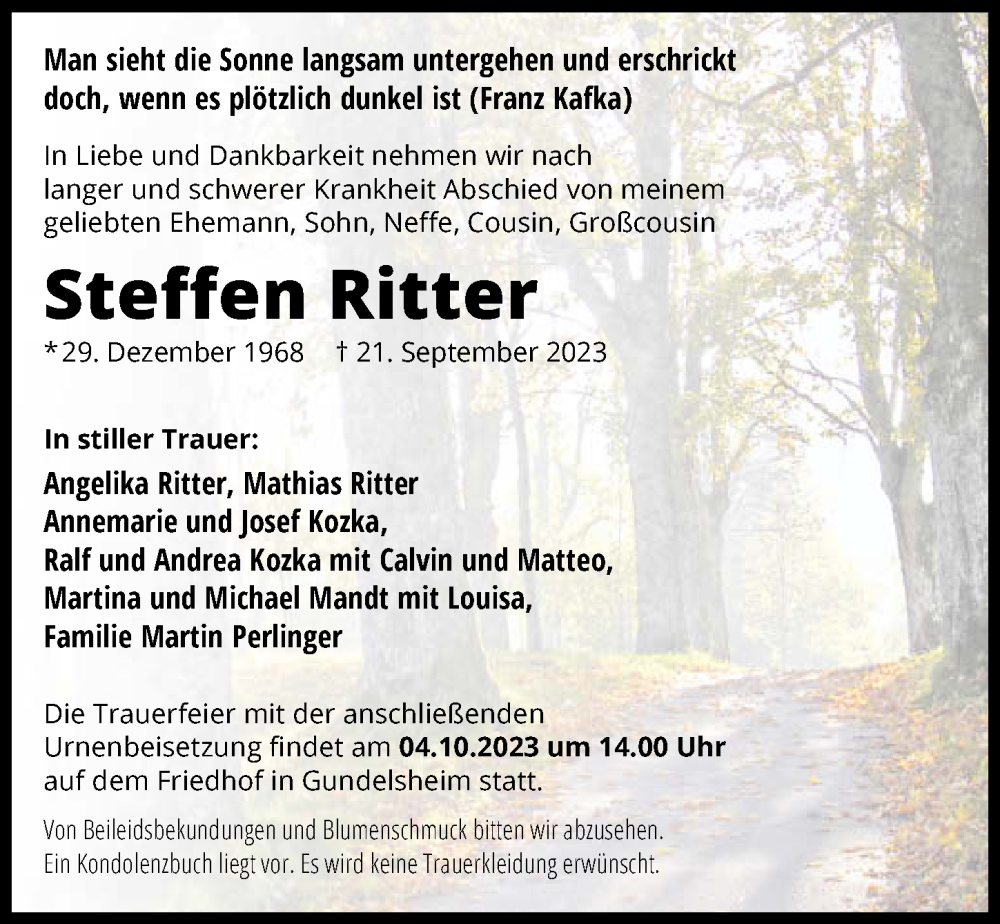  Traueranzeige für Steffen Ritter vom 28.09.2023 aus GESAMT
