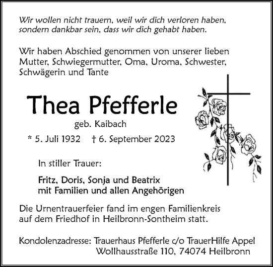 Traueranzeige von Thea Pfefferle von GESAMT