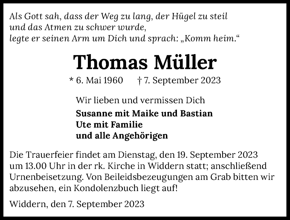  Traueranzeige für Thomas Müller vom 16.09.2023 aus GESAMT