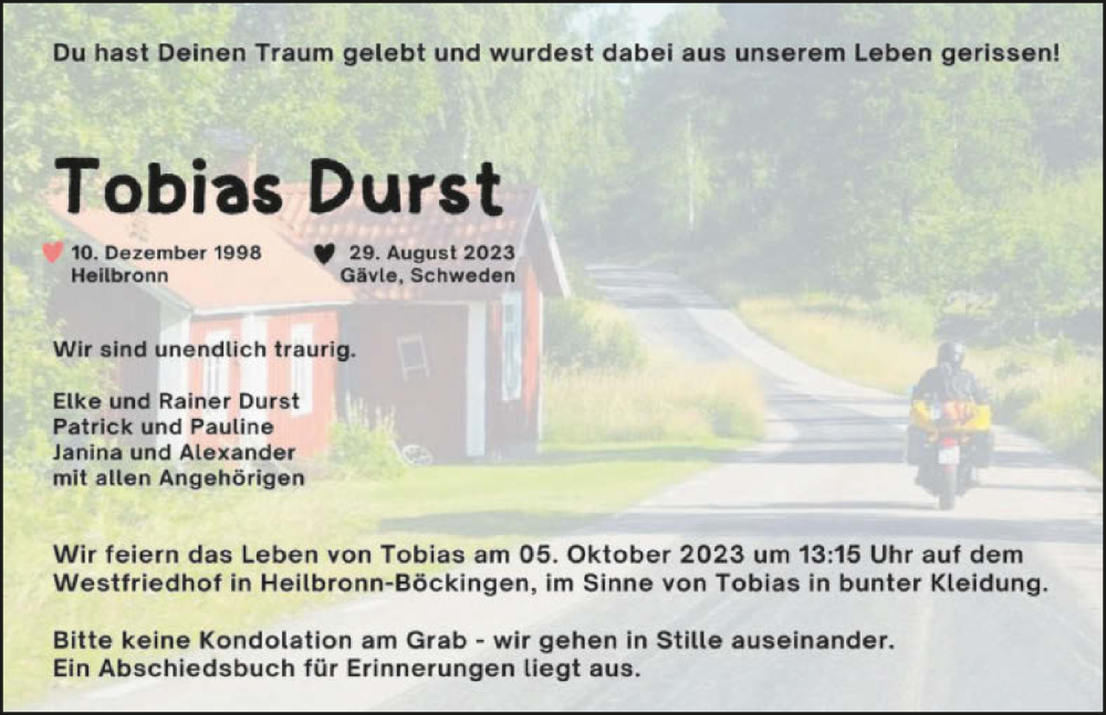  Traueranzeige für Tobias Durst vom 30.09.2023 aus GESAMT