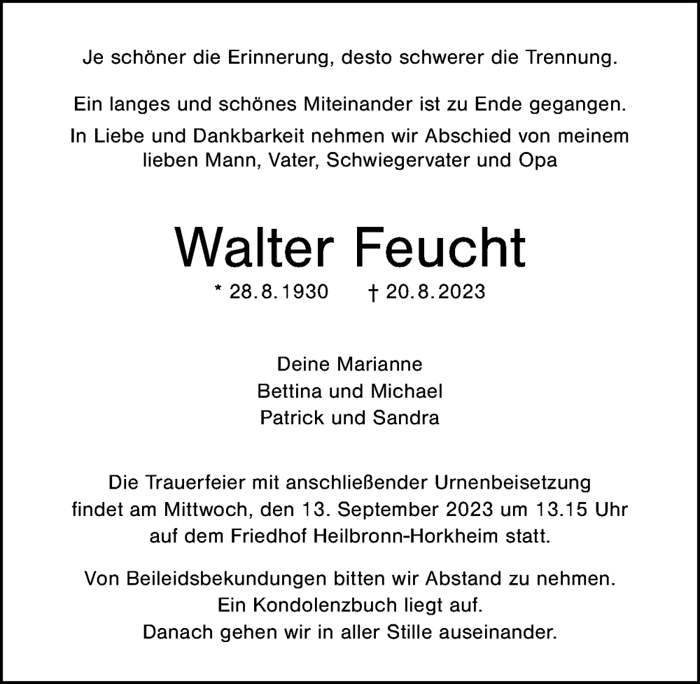  Traueranzeige für Walter Feucht vom 09.09.2023 aus GESAMT