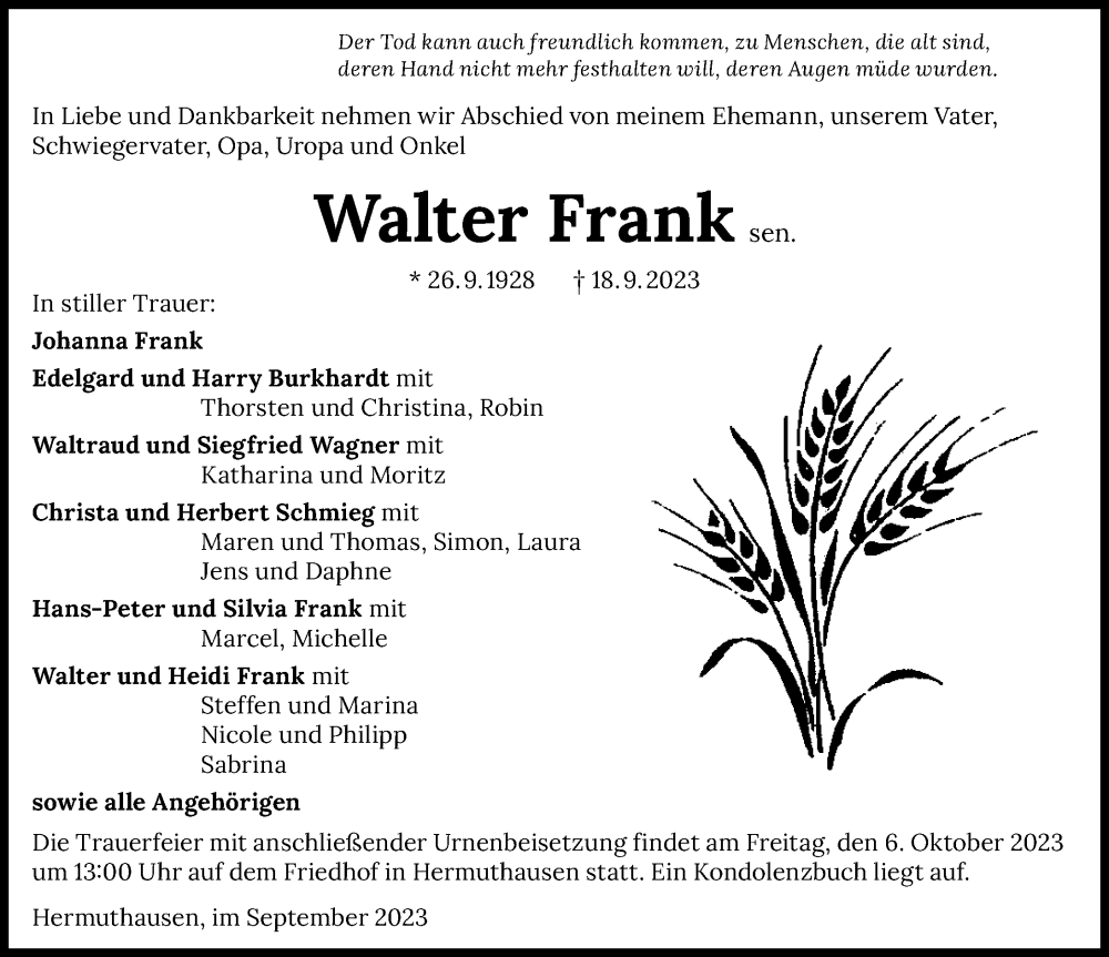  Traueranzeige für Walter Frank vom 30.09.2023 aus GESAMT