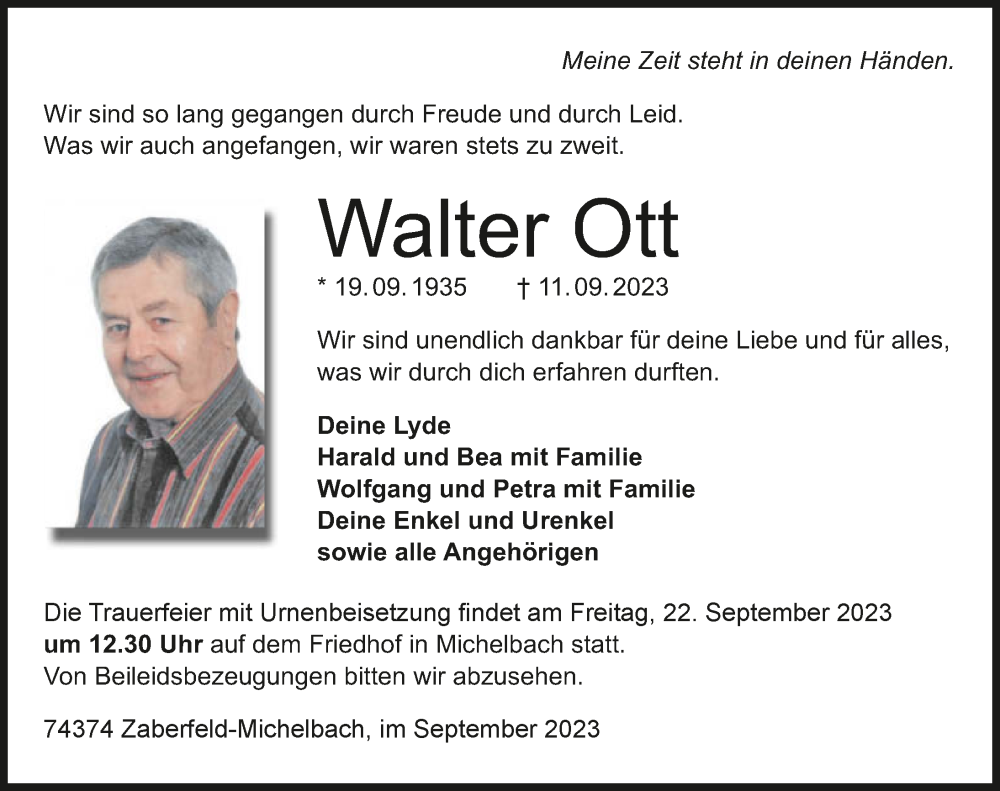  Traueranzeige für Walter Ott vom 16.09.2023 aus GESAMT