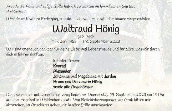 Traueranzeige von Waltraud Hönig von GESAMT