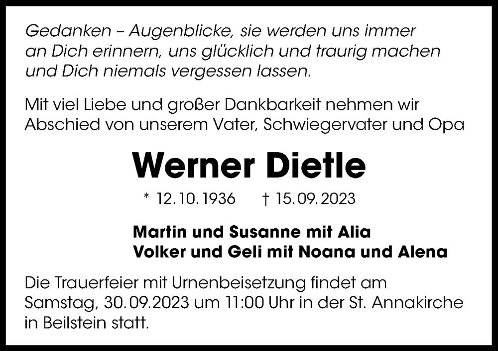  Traueranzeige für Werner Dietle vom 23.09.2023 aus GESAMT