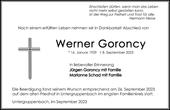 Traueranzeige von Werner Goroncy von GESAMT