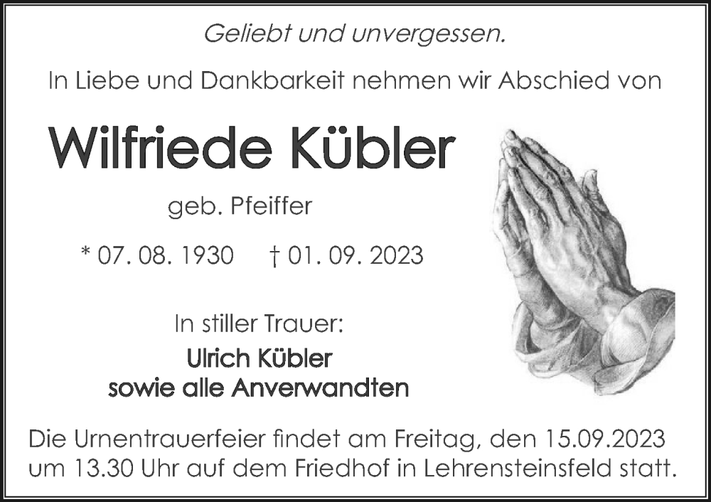 Traueranzeige für Wilfriede Kübler vom 11.09.2023 aus GESAMT