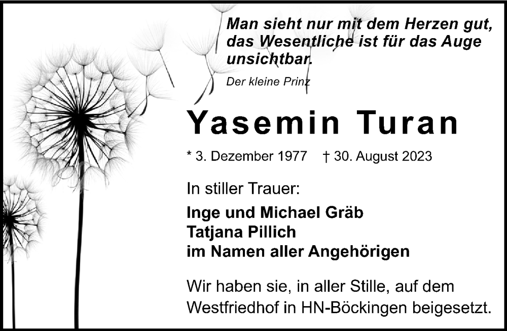  Traueranzeige für Yasemin Turan vom 27.09.2023 aus GESAMT