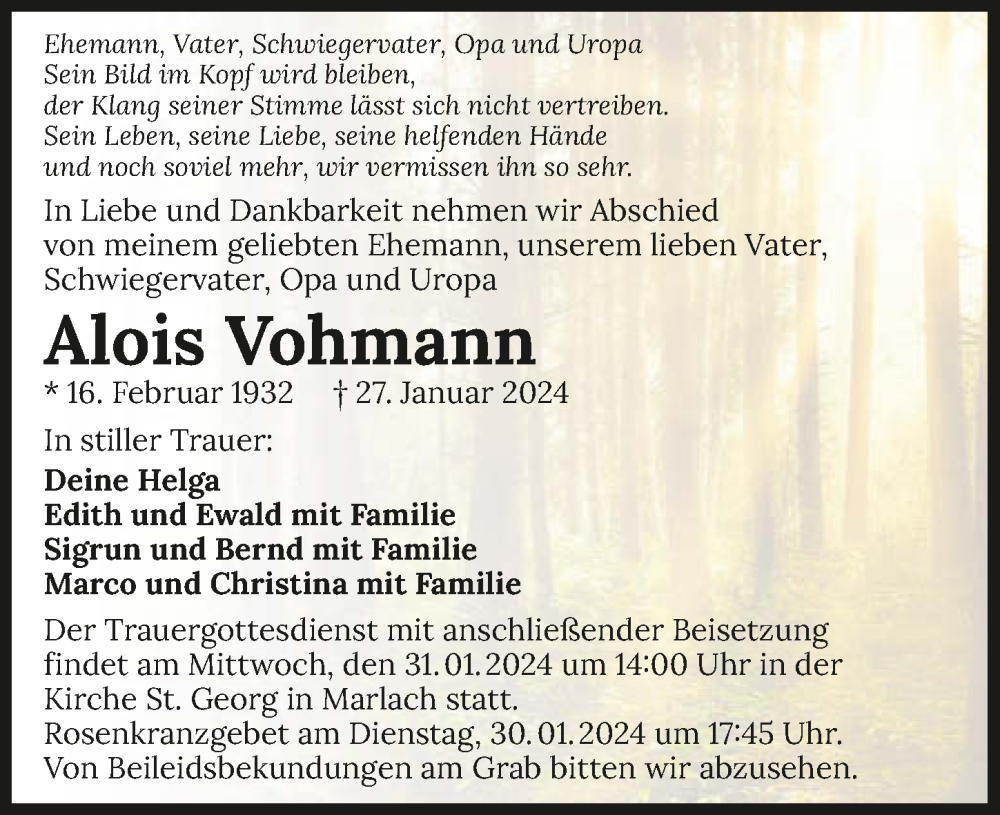  Traueranzeige für Alois Vohmann vom 30.01.2024 aus GESAMT