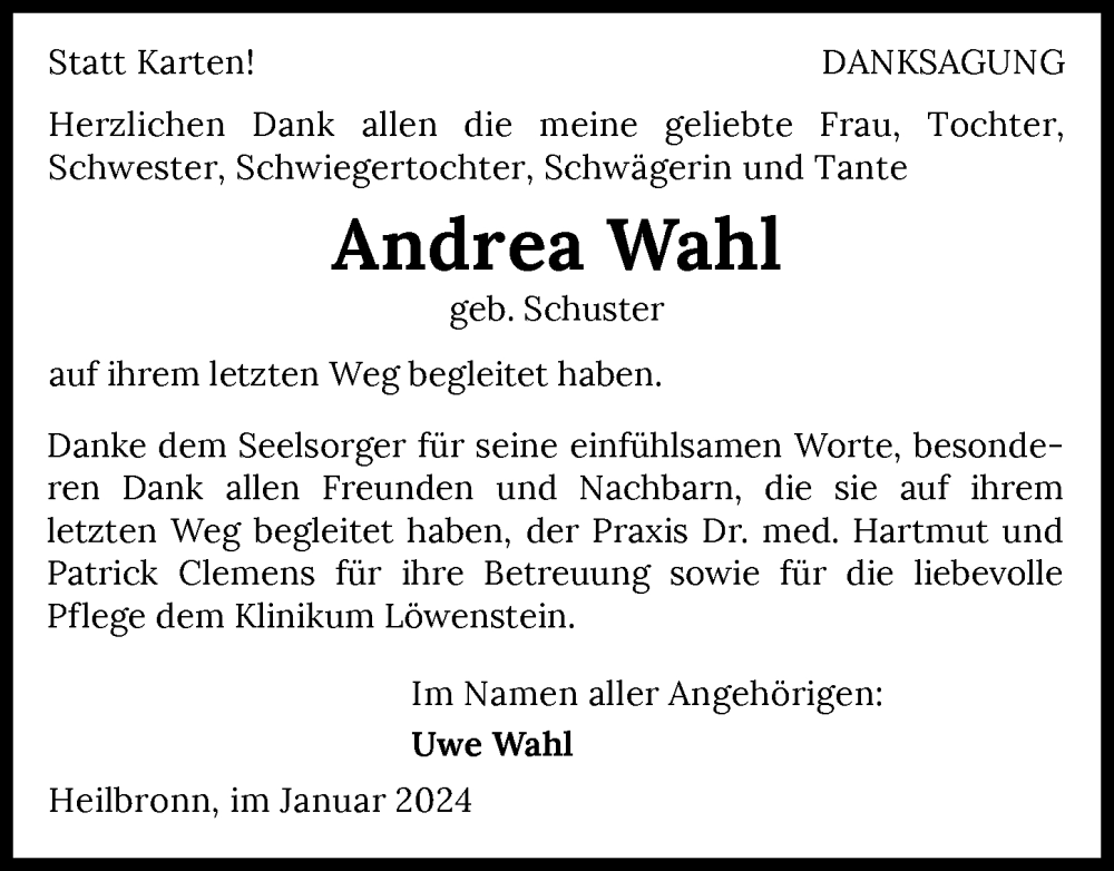  Traueranzeige für Andrea Wahl vom 08.01.2024 aus GESAMT