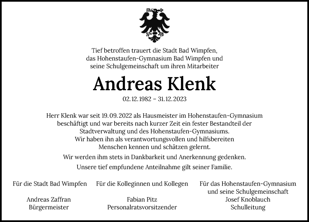  Traueranzeige für Andreas Klenk vom 13.01.2024 aus GESAMT