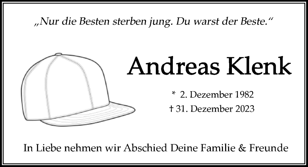  Traueranzeige für Andreas Klenk vom 13.01.2024 aus GESAMT