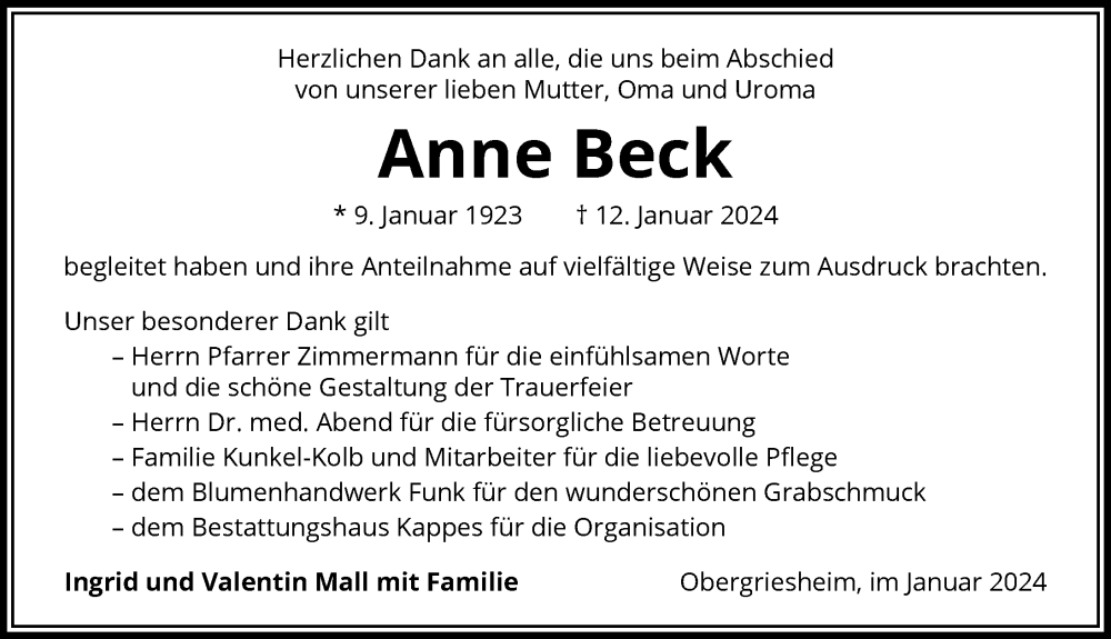  Traueranzeige für Anna Beck vom 27.01.2024 aus GESAMT