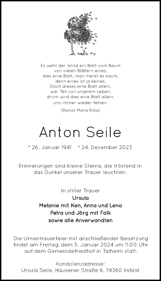 Traueranzeige von Anton Seile von GESAMT