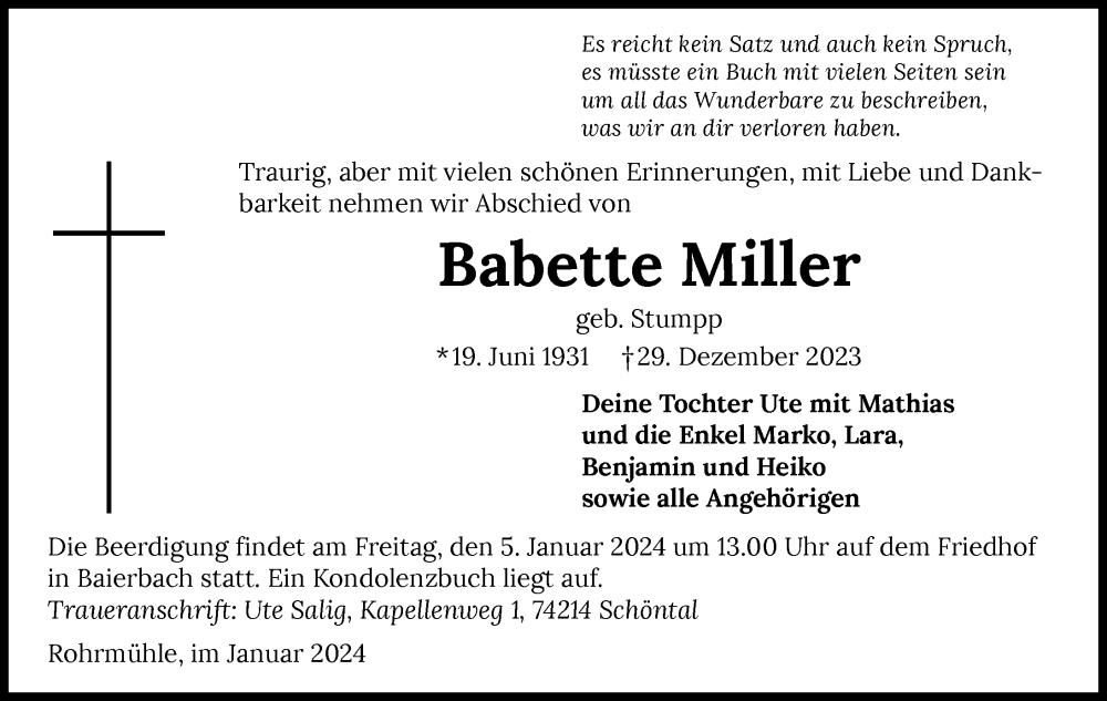  Traueranzeige für Babette Miller vom 03.01.2024 aus GESAMT