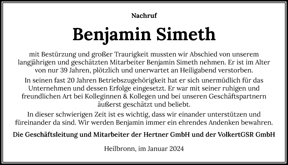  Traueranzeige für Benjamin Simeth vom 05.01.2024 aus GESAMT