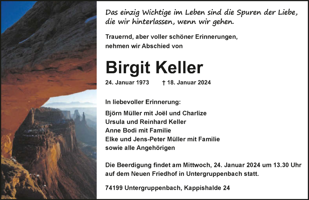  Traueranzeige für Birgit Keller vom 20.01.2024 aus GESAMT