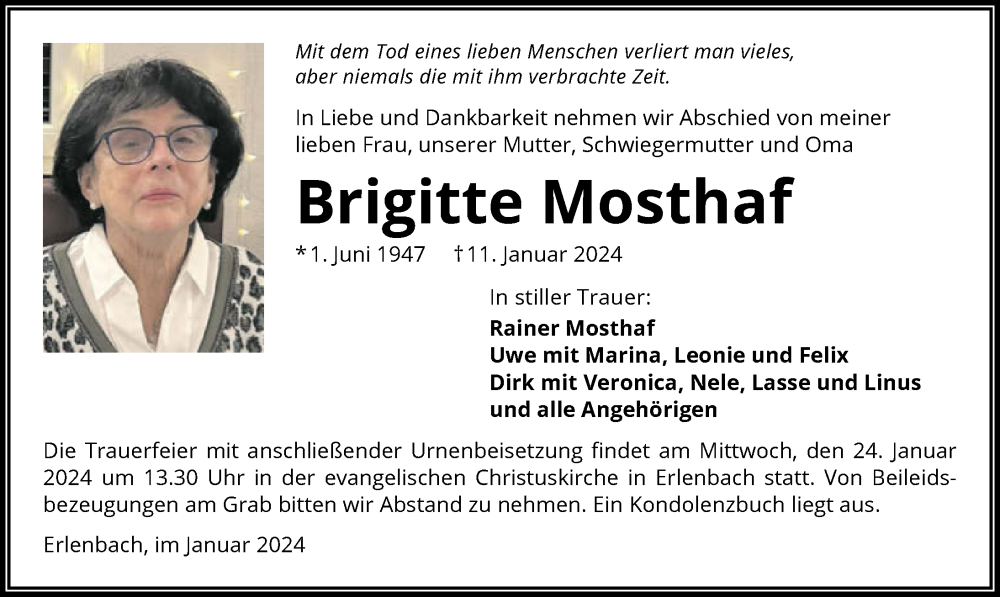  Traueranzeige für Brigitte Mosthaf vom 20.01.2024 aus GESAMT