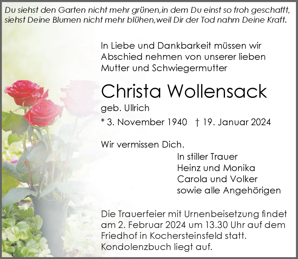  Traueranzeige für Christa Wollensack vom 31.01.2024 aus GESAMT