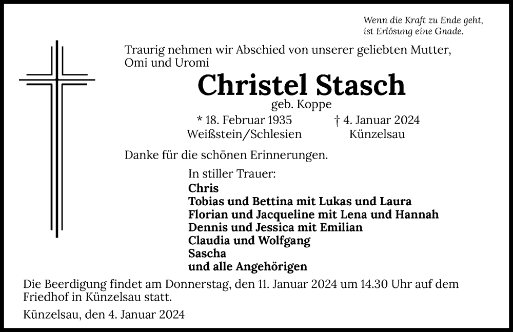  Traueranzeige für Christel Stasch vom 08.01.2024 aus GESAMT