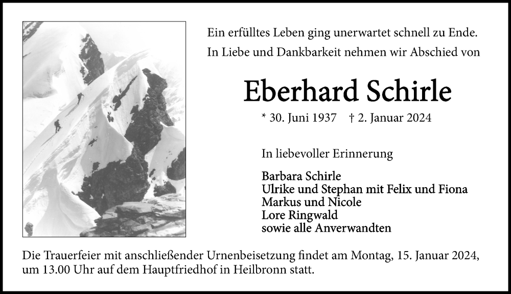  Traueranzeige für Eberhard Schirle vom 10.01.2024 aus GESAMT