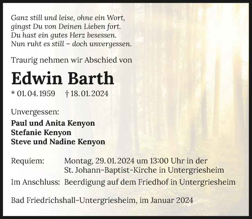  Traueranzeige für Edwin Barth vom 27.01.2024 aus GESAMT