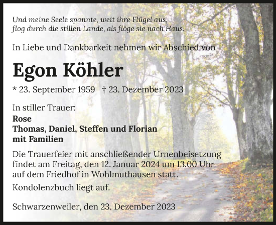 Traueranzeige von Egon Köhler von GESAMT