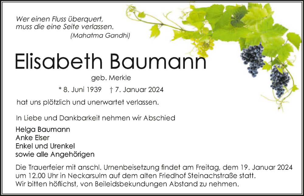  Traueranzeige für Elisabeth Baumann vom 13.01.2024 aus GESAMT