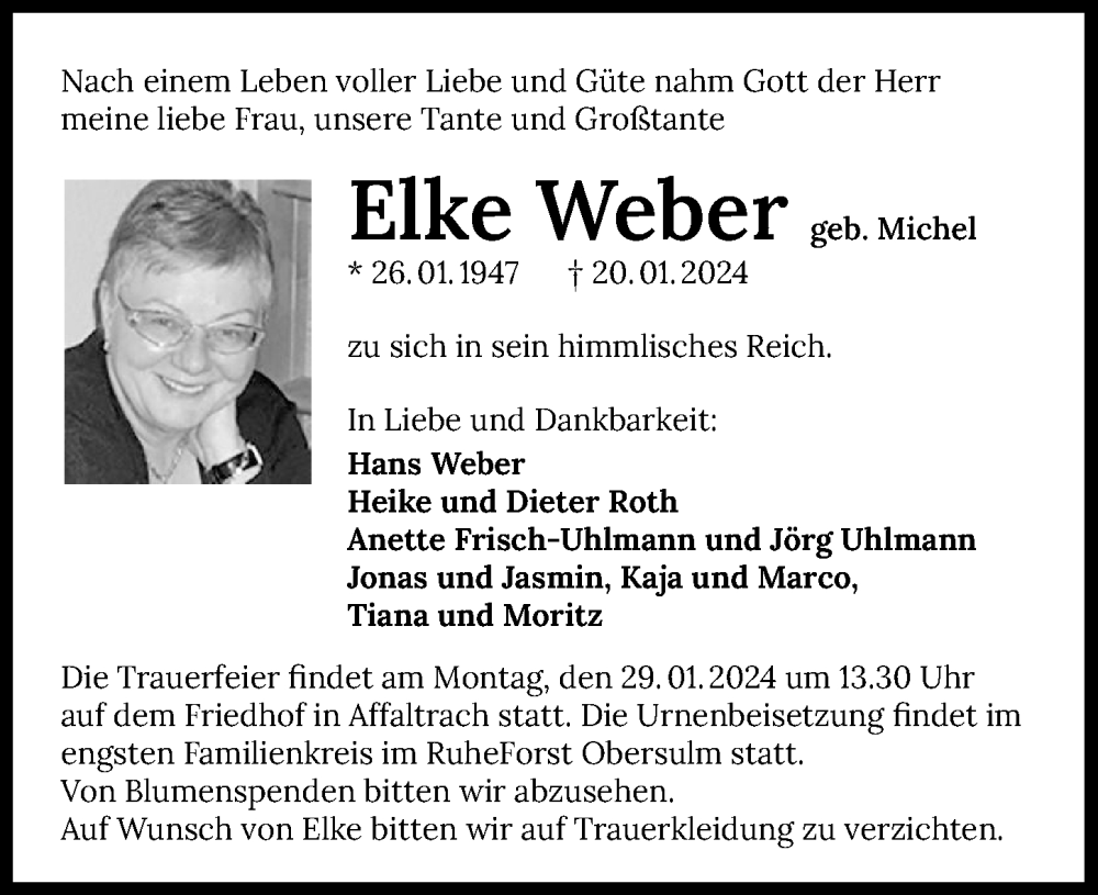  Traueranzeige für Erika Weber vom 23.01.2024 aus GESAMT