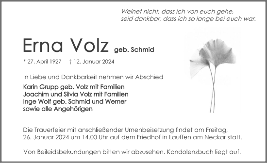 Traueranzeige von Erna Volz von GESAMT