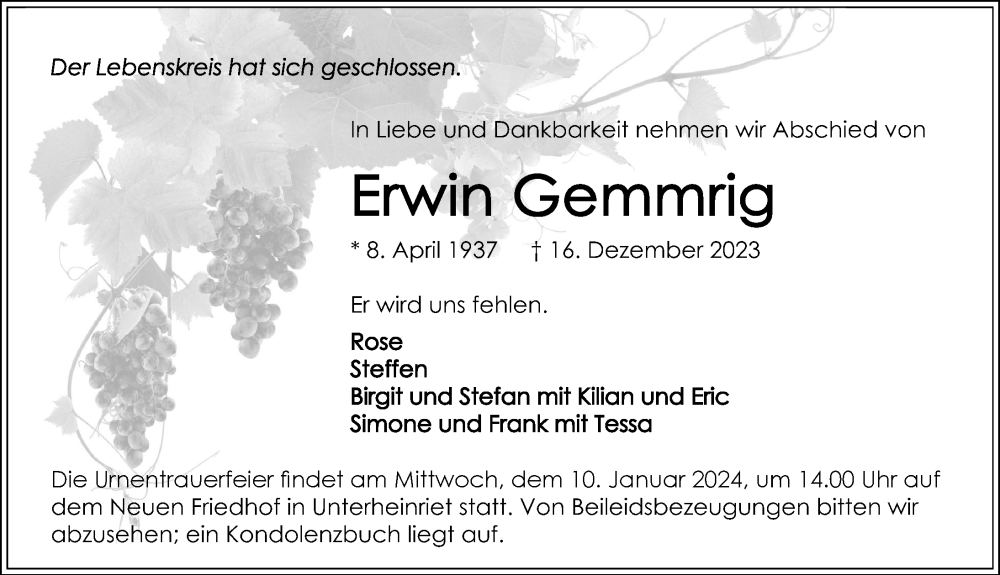  Traueranzeige für Erwin Gemmrig vom 05.01.2024 aus GESAMT