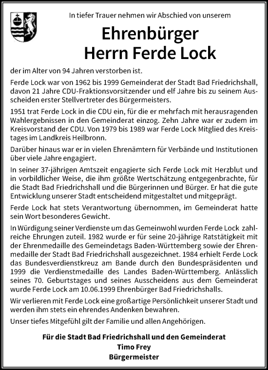 Traueranzeige von Ferdinand Lock von GESAMT